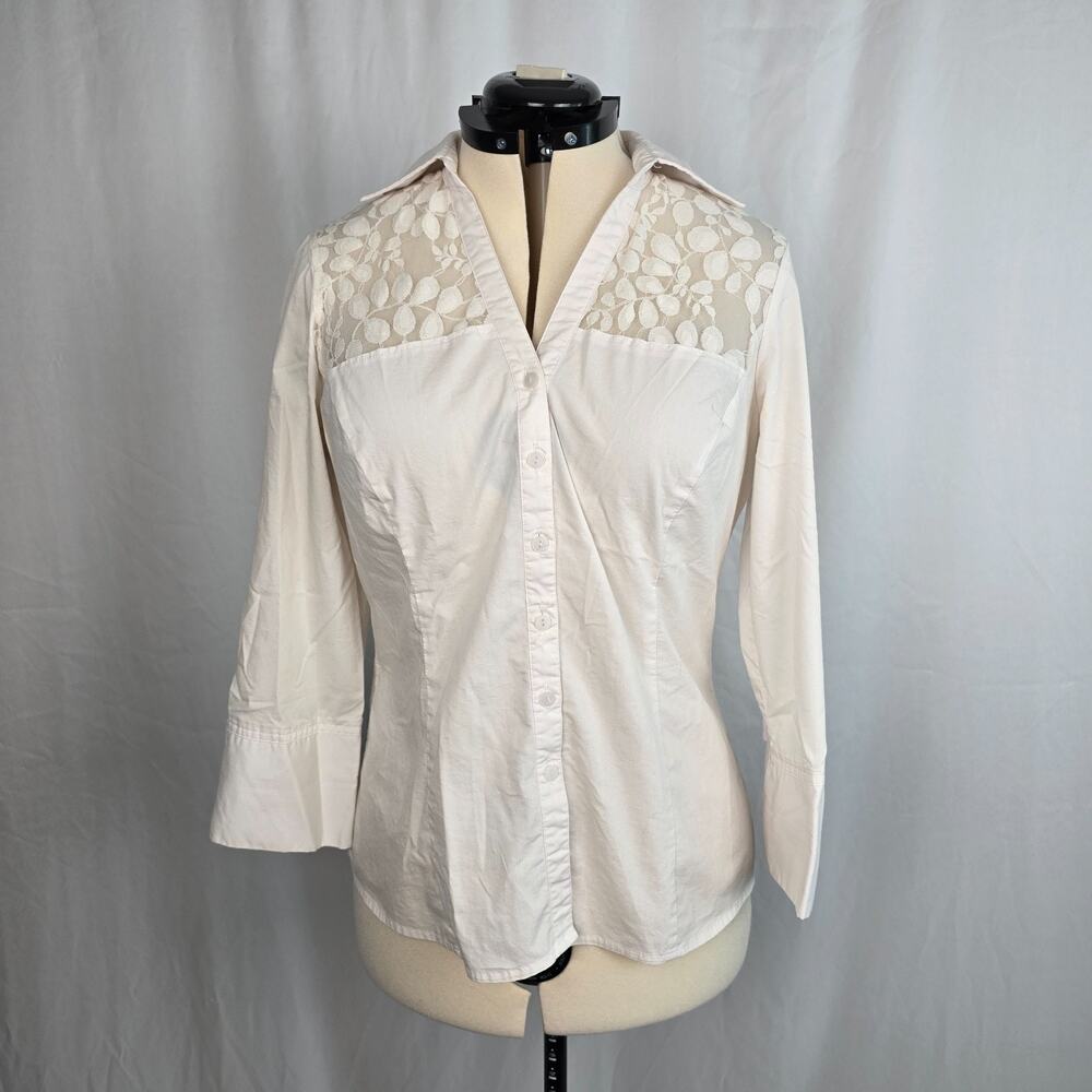 Larry Levine Signature  Button Down Blouse Women's L White Lace Accent
